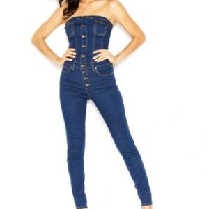 Guess Denim jumpsuit strapless corset bodice Skinny fit front button closure 10